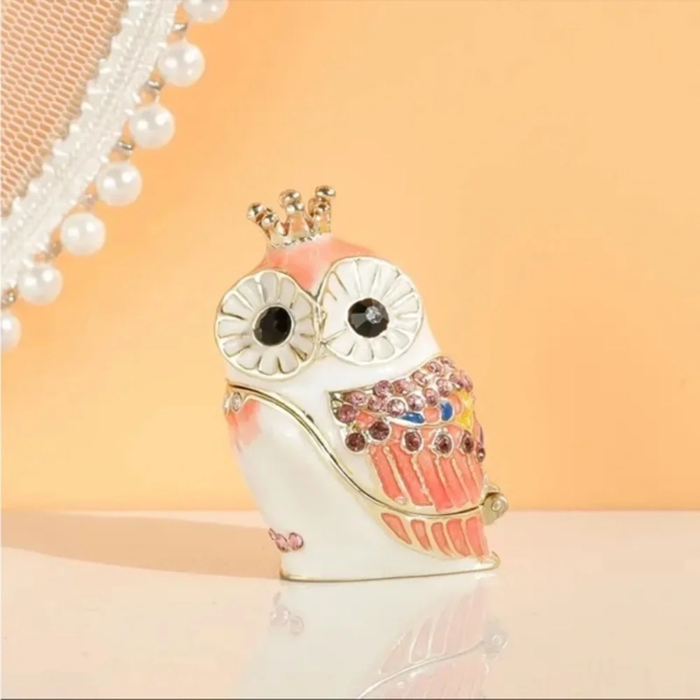 Crystal Owl Ring Box Pink Gold Enamel Jeweled Trinket Jewelry Box NWT